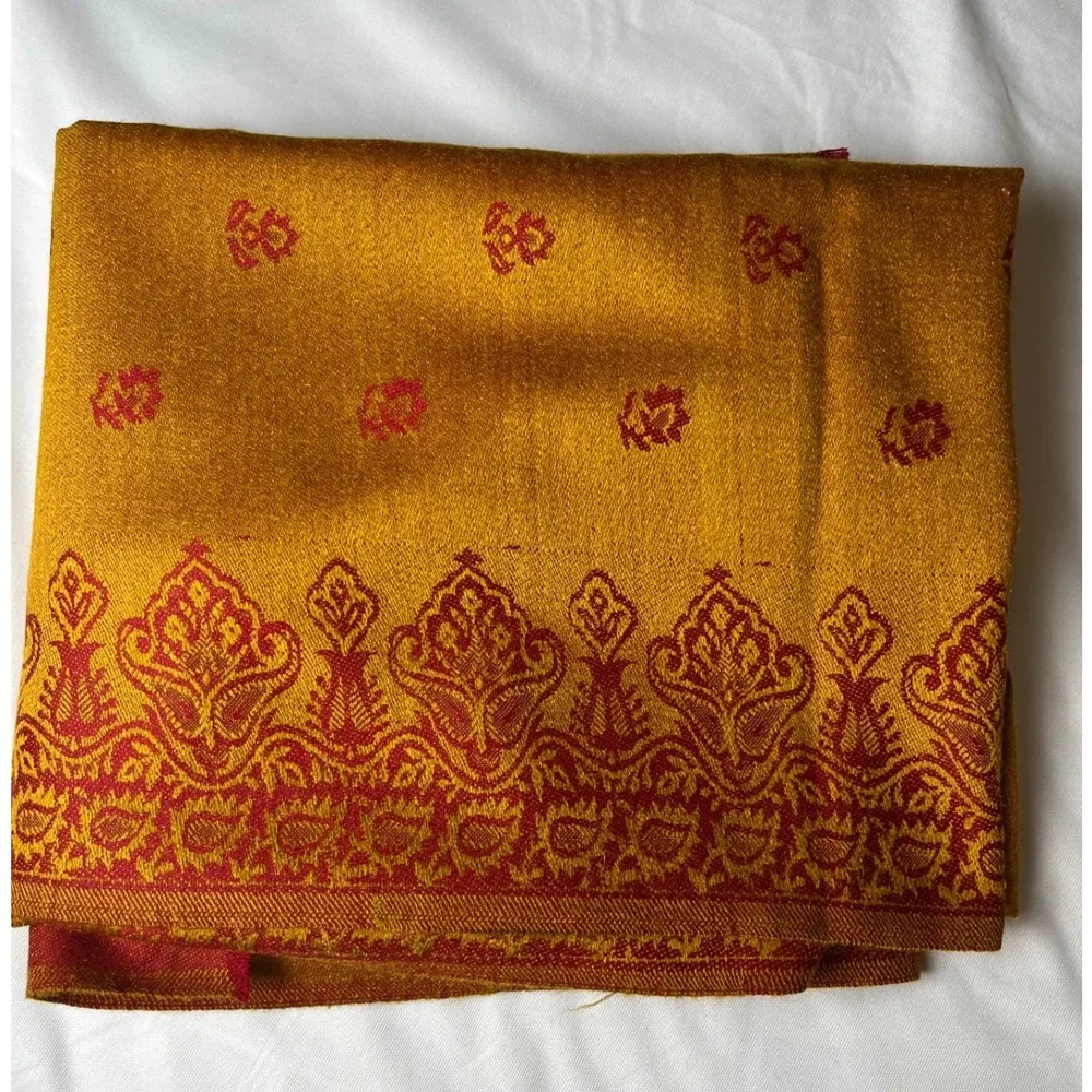 100% Wool Shawl Oswal Paisley Mustard Yellow Maroon Red Wrap Floral Paisley Vtg